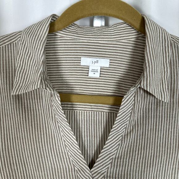 J.Jill Collared Tan Ticking Stripe Cotton Faux Wrap Front Shirt Size Medium - Picture 2 of 8